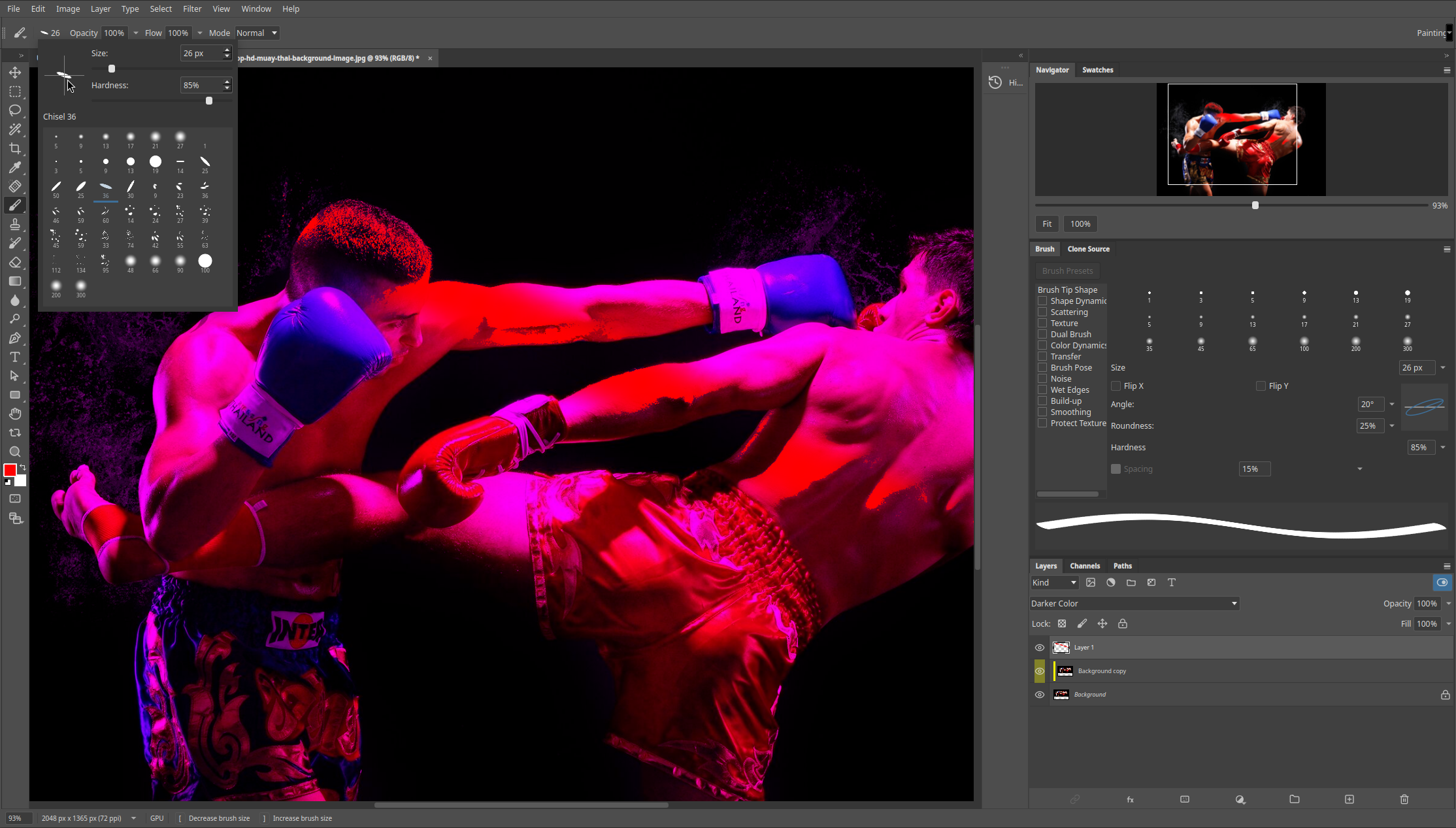 Painting with a chisel-tip brush, with the Brush and Clone Source panels docked in Kooka Pictura