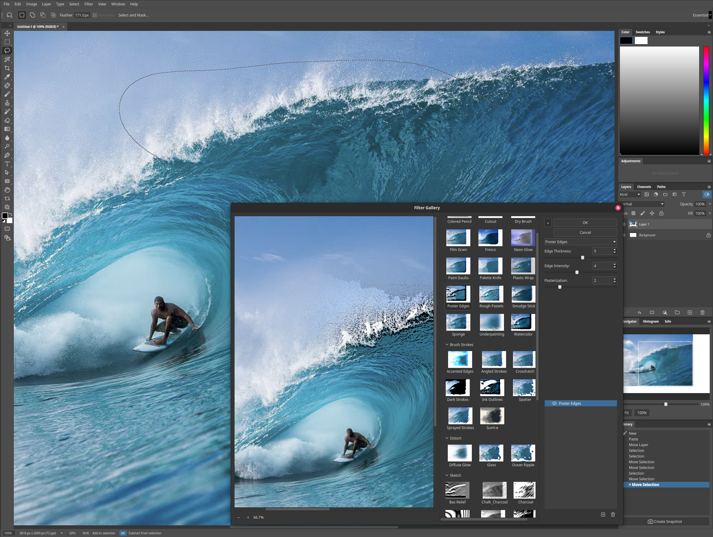 The Filter Gallery applying Poster Edges to a surfer riding a wave in Kooka Pictura