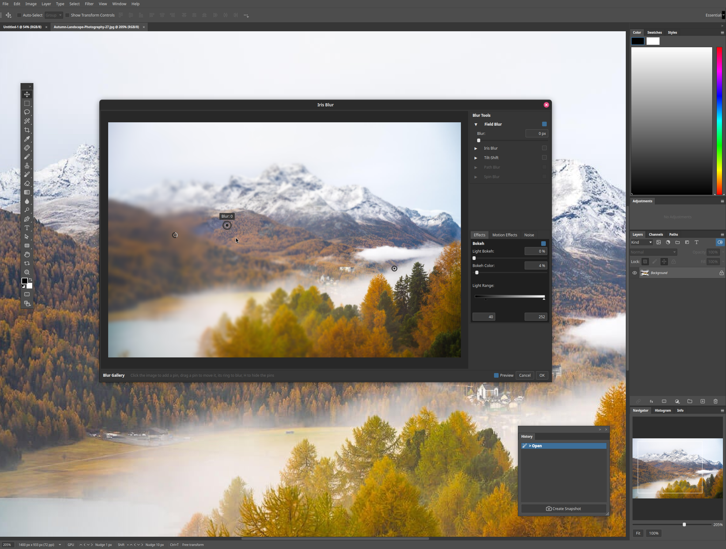 The Blur Gallery's Iris Blur applied to a mountain landscape in Kooka Pictura